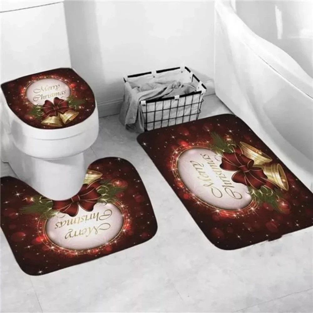 4pcs Christmas Shower Curtain Sets Holiday Bathroom Decoration